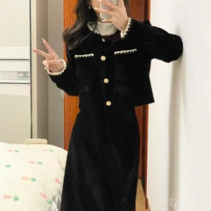 프랑스식 기질 긴 허리 걷어 날씬해 보이는 투피스 작은 향기 레이스 가을 겨울 신상 긴 소매 원피스 긴 치